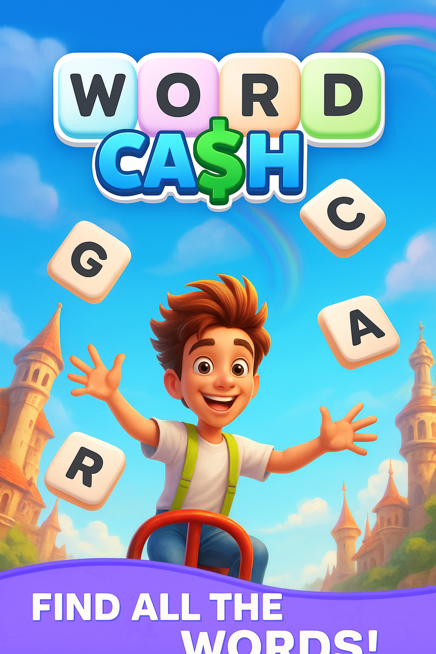 Word Cash game art: a cheering cartoon boy surrounded by floating letter tiles under the Word Cash logo