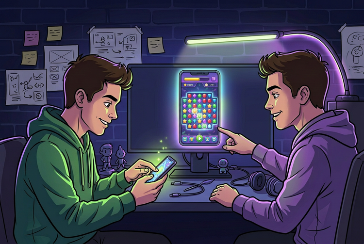 Cartoon illustration of two brothers playtesting a mobile puzzle game on their phone and PC screen