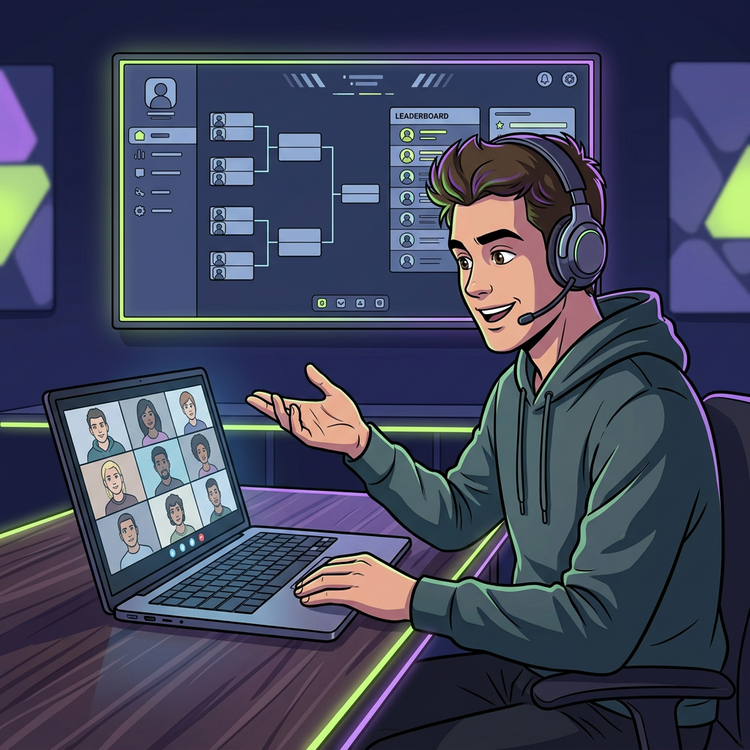 Cartoon PrimeSkill consultant on a video call with a game tournament dashboard behind them