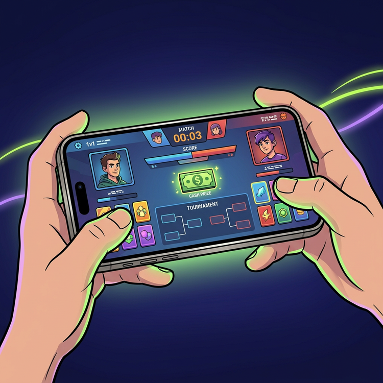Cartoon illustration of a latest-generation smartphone playing a head-to-head Skillz game with a cash prize